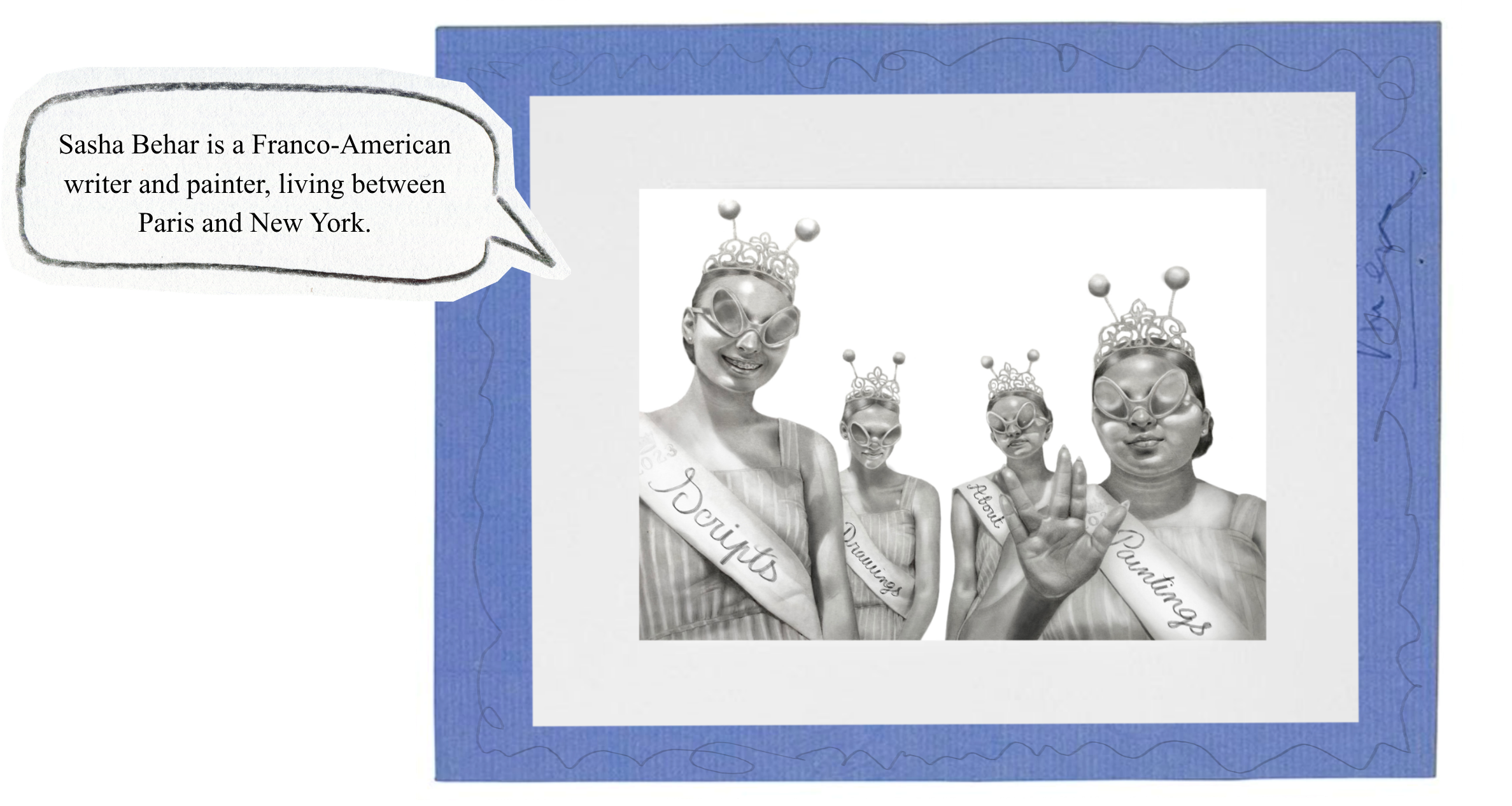 Four girls each holding a banner: Scripts, Drawings, About, Paintings
